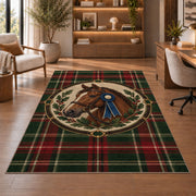 Tartan Horse Medallion Rug in a home office with wooden shelves
