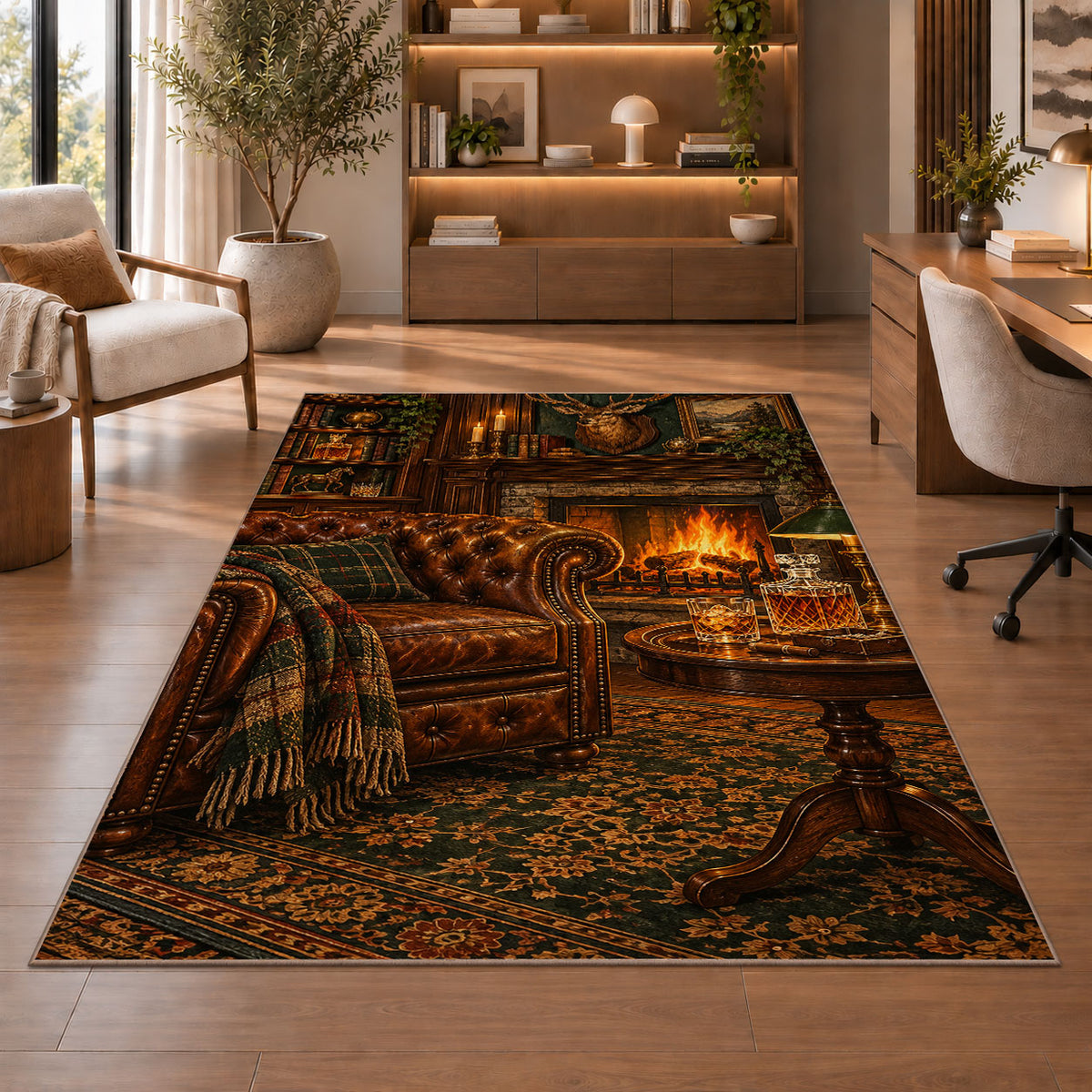 Man Cave Fireplace Rug in a home office with wooden shelves