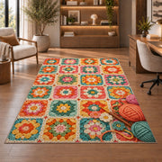 Granny Square Rug in a home office with wooden shelves