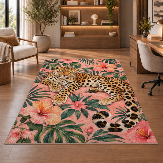 Leopard on Pink Hibiscus Rug in a home office with wooden shelves