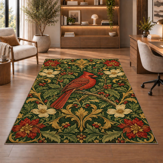 Vintage Tapestry Cardinal Rug in a home office with wooden shelves