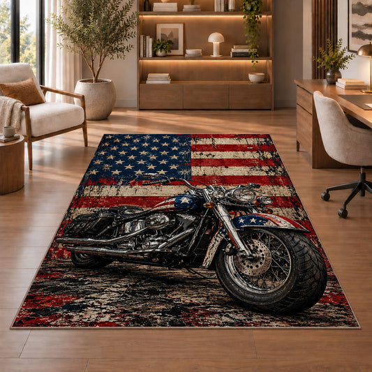Motorcycle and American Flag Rug in a home office with wooden shelves