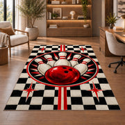 Checkered Bowling Rug in a home office with wooden shelves