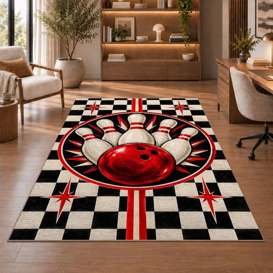 Checkered Bowling Rug in a home office with wooden shelves