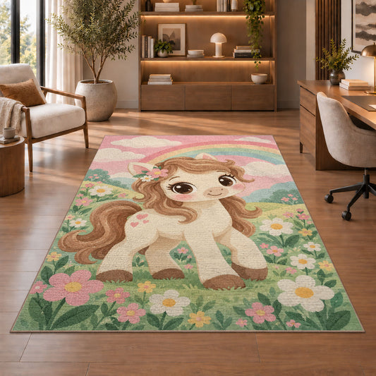 Cute Pony Nursery Rug in a home office with wooden shelves