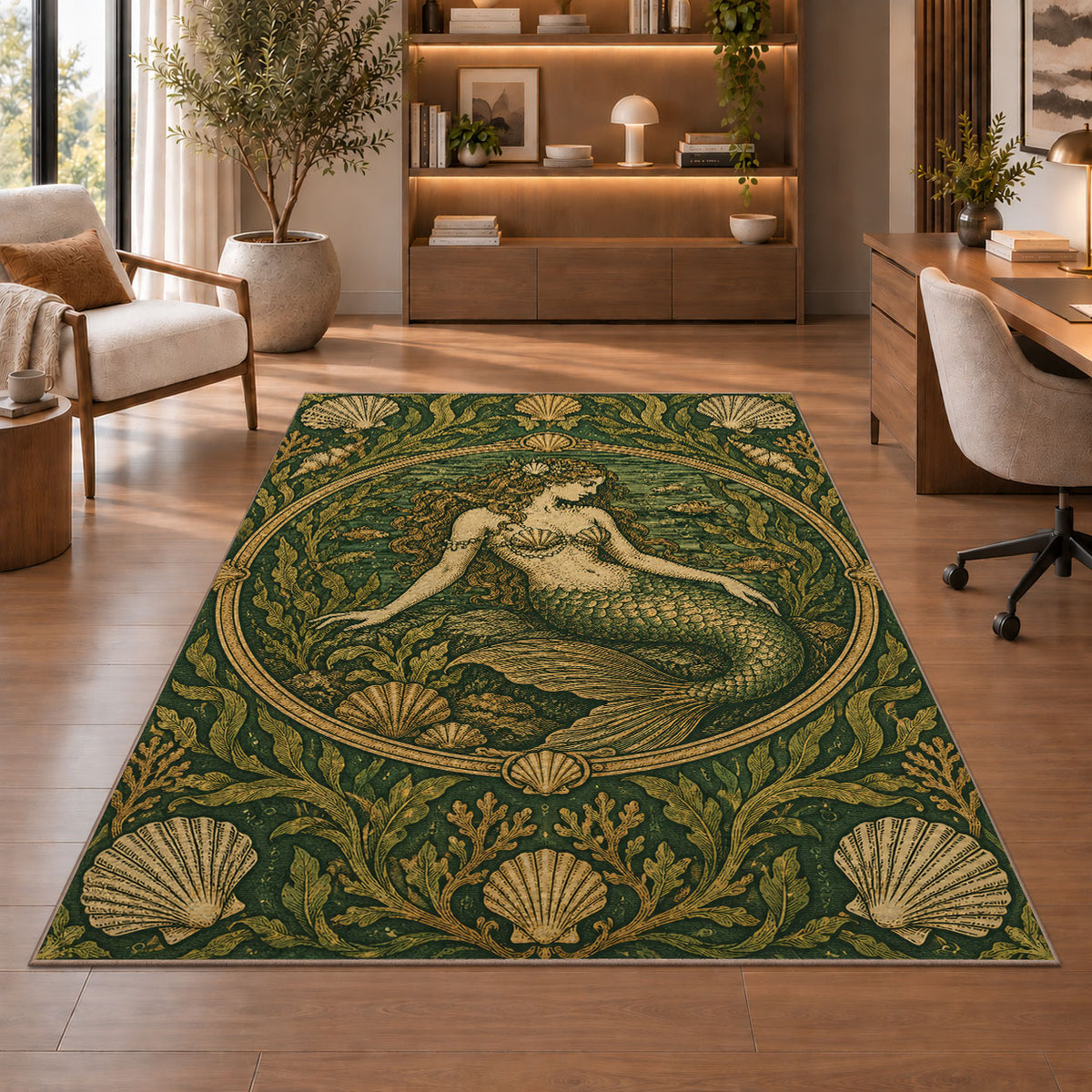Vintage Engraved Mermaid Rug in a home office with wooden shelves