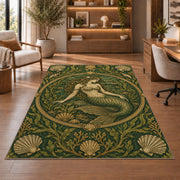 Vintage Engraved Mermaid Rug in a home office with wooden shelves