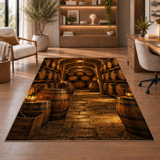 Stacked Barrels Cellar Rug in a home office with wooden shelves