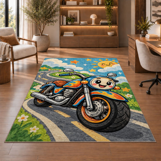 Cute Cartoon Motorcycle Kids Rug in a home office with wooden shelves