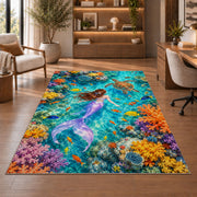 Coral Reef Mermaid Top View Rug in a home office with wooden shelves