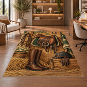 Saddle and Riding Boots Rug in a home office with wooden shelves
