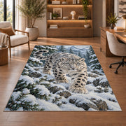 Snow Leopard in Pine Forest Rug in a home office with wooden shelves