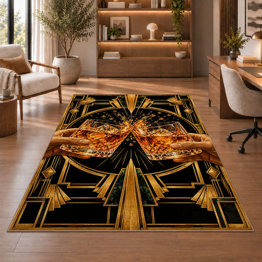 Art Deco Cheers Rug in a home office with wooden shelves