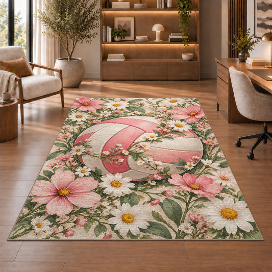 Volleyball and Wildflowers Rug in a home office with wooden shelves