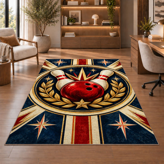 Classic Bowling Crest Rug in a home office with wooden shelves