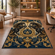 Heraldic Rearing Horses Rug in a home office with wooden shelves