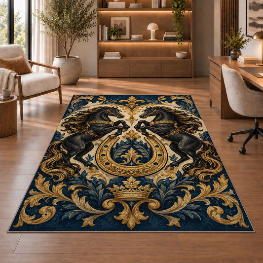 Heraldic Rearing Horses Rug in a home office with wooden shelves