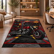 Motorcycle Garage Rug in a home office with wooden shelves