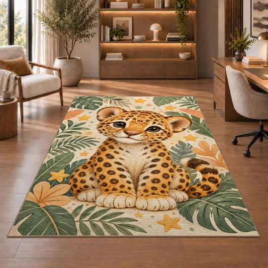 Cute Leopard Cub Nursery Rug in a home office with wooden shelves