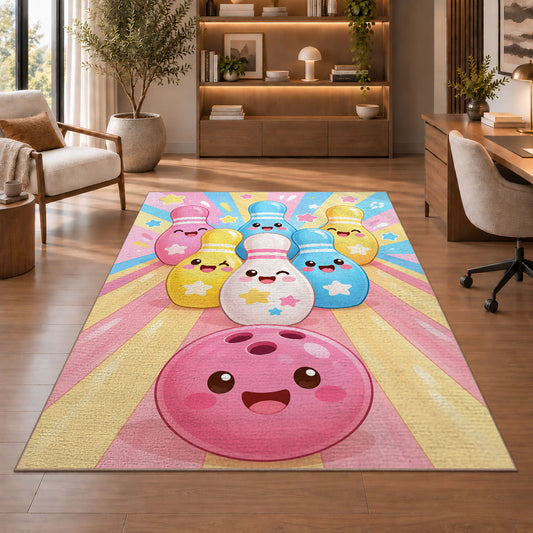 Cute Cartoon Bowling Pins Rug in a home office with wooden shelves