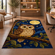 Owl and Full Moon Rug in a home office with wooden shelves