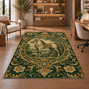 Vintage Engraved Horse Rug in a home office with wooden shelves