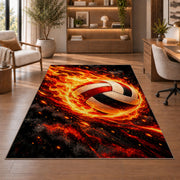 Flaming Volleyball Rug in a home office with wooden shelves