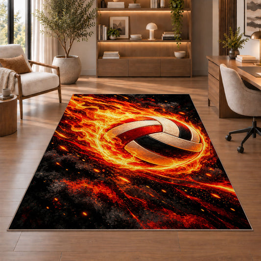 Flaming Volleyball Rug in a home office with wooden shelves