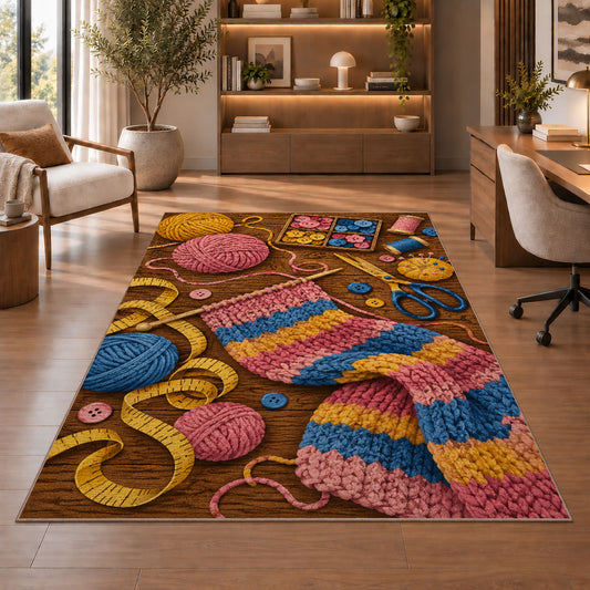 Craft Table Top View Rug in a home office with wooden shelves