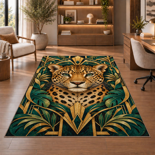 Art Deco Leopard Rug in a home office with wooden shelves