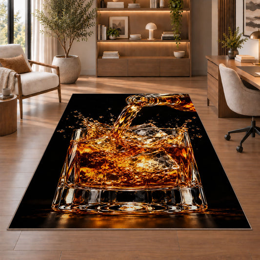 Pouring Whiskey Rug in a home office with wooden shelves