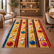 Bowling Alley Top View Rug in a home office with wooden shelves