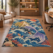 Japanese Wave Mermaid Rug in a home office with wooden shelves
