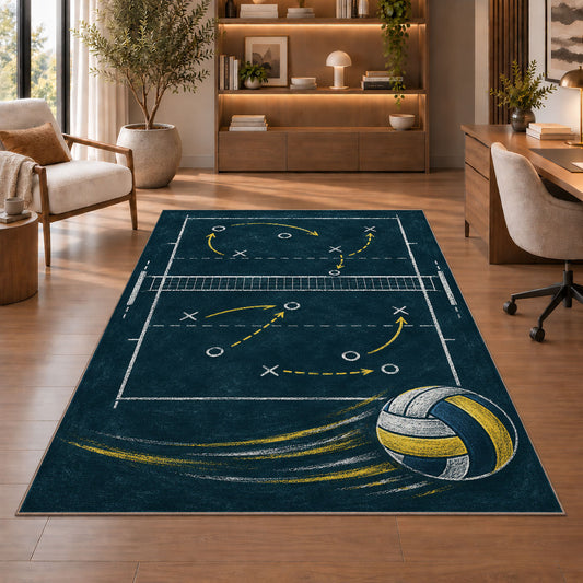 Volleyball Chalkboard Play Rug in a home office with wooden shelves