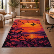 Birds at Sunset Rug in a home office with wooden shelves