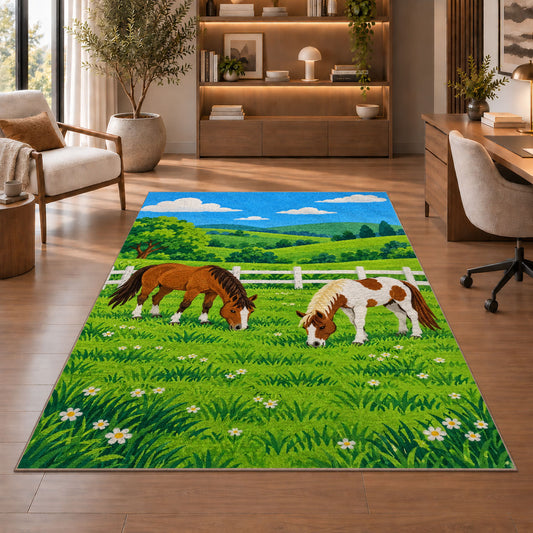 Horses Grazing by Fence Rug in a home office with wooden shelves