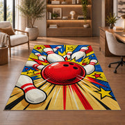 Pop Art Bowling Rug in a home office with wooden shelves