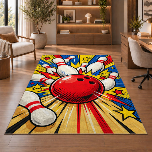 Pop Art Bowling Rug in a home office with wooden shelves