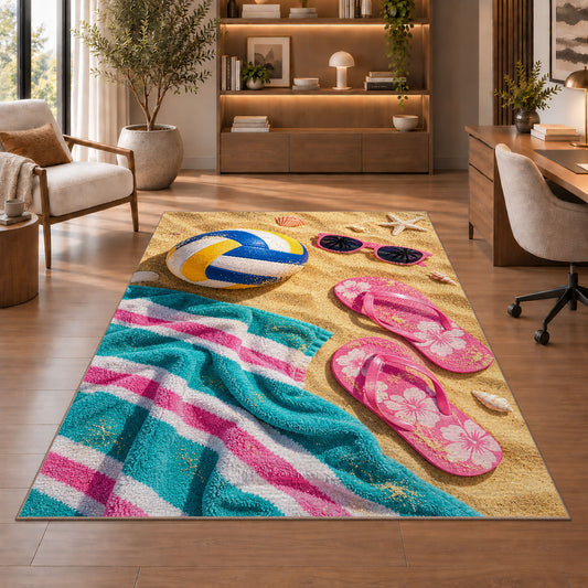 Beach Day Volleyball Rug in a home office with wooden shelves