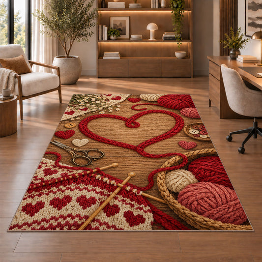 Yarn Heart Rug in a home office with wooden shelves