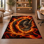 Flaming Motorcycle Wheel Rug in a home office with wooden shelves