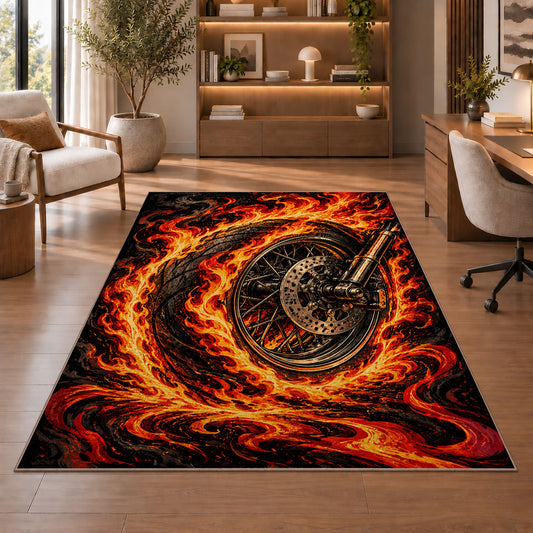 Flaming Motorcycle Wheel Rug in a home office with wooden shelves