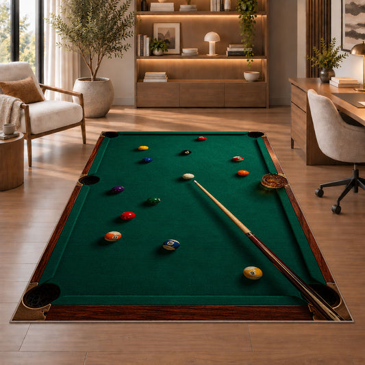 Billiards and Whiskey Rug in a home office with wooden shelves