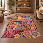 Crochet Supply Box Rug in a home office with wooden shelves