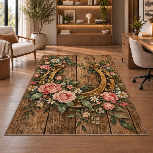 Horseshoe and Roses Rug in a home office with wooden shelves