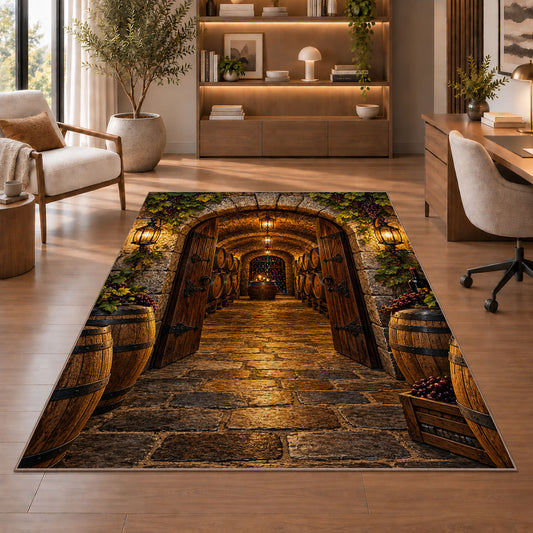Stone Arch Cellar Rug in a home office with wooden shelves
