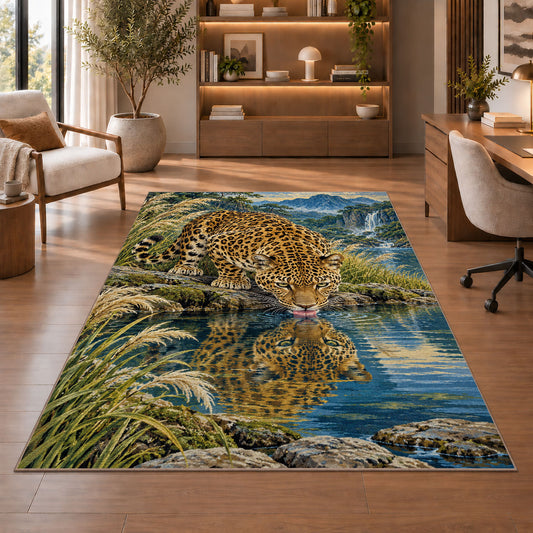 Leopard Drinking at Lake Rug in a home office with wooden shelves