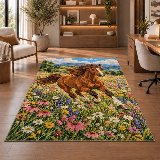Horse in Wildflower Meadow Rug in a home office with wooden shelves