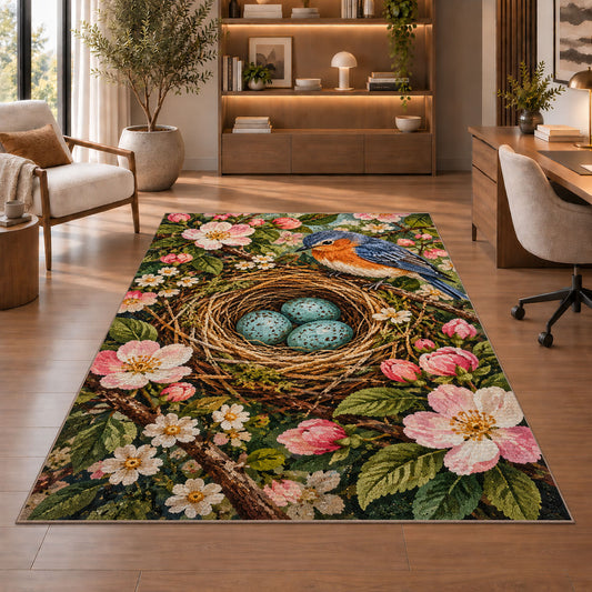 Bird Nest and Blue Eggs Rug in a home office with wooden shelves