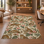 Leopard Pattern with Hibiscus Rug in a home office with wooden shelves